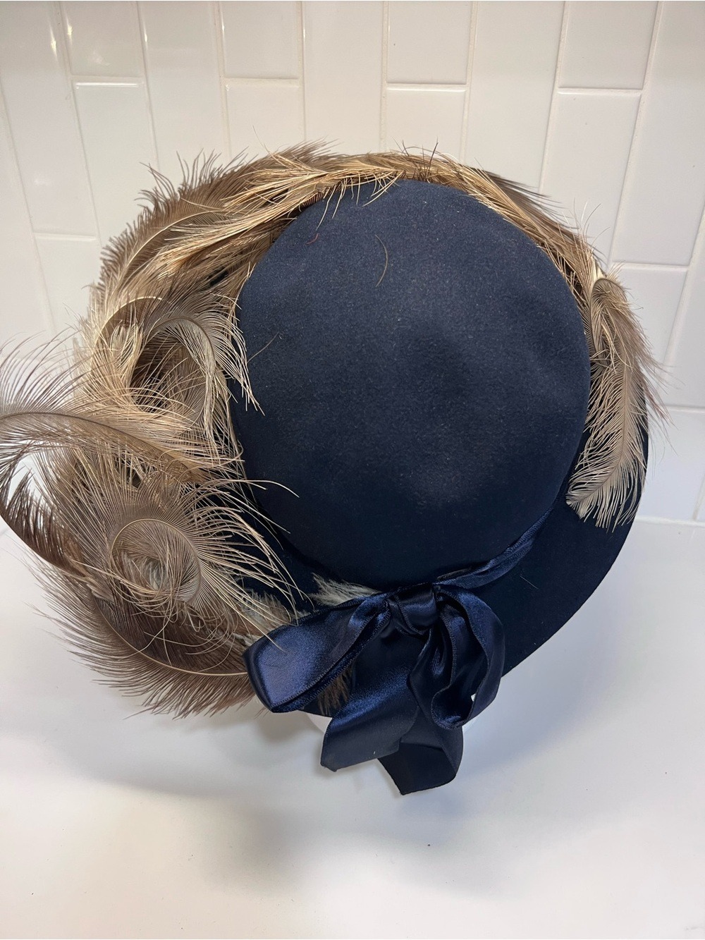 Vintage Madame Louise Of Philadelphia Women’s Hat  Blue Wide Brim W Feathers